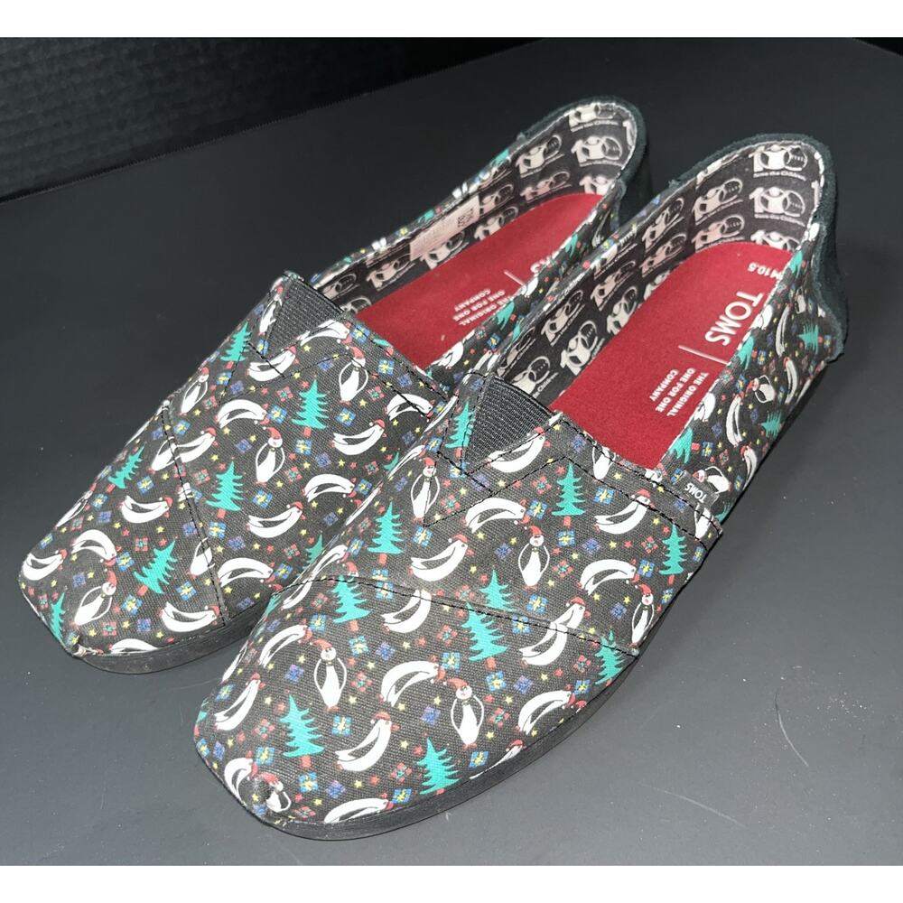 Toms Save the Children Black Canvas SlipOn Christmas Penguins M10.5‎ W12.5